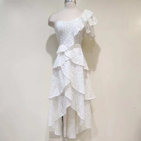 💋UBER GORGE!💋White Floral Crochet One Shoulder Ruffled Asymmetrical Dress - Picture 12 of 16